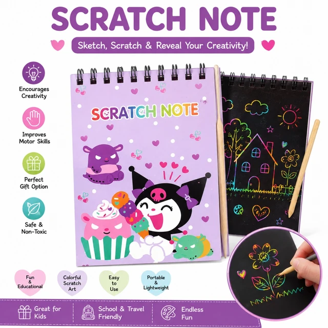 Scratch Note Book for Kids | Scratch Art Drawing Book with Wooden Stylus | Colorful Reveal Scratch Pages for Creativity, Drawing & Fun | Portable Art Activity Book