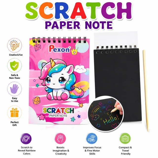 Pexon Scratch Paper Note for Kids – Rainbow Scratch Art Notebook with Wooden Stylus, Creative Drawing & Doodle Book for Kids, Imagination, Focus & Fine Motor Skill Activities