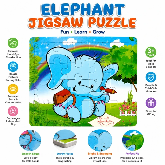 Elephant Jigsaw Puzzle for Kids 3+ Years | Colorful Animal Puzzle Game | Improves Hand-Eye Coordination, Focus & Problem-Solving Skills | Durable Child-Safe Puzzle for Boys & Girls