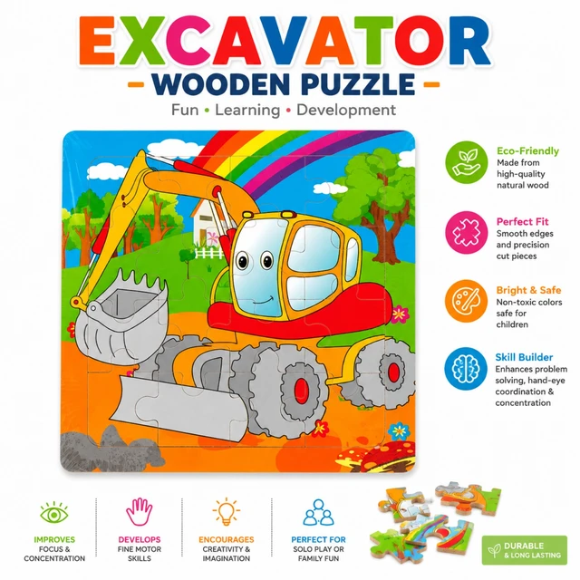 Excavator Wooden Puzzle for Kids | Colorful Construction Vehicle Jigsaw Puzzle | Educational Wooden Puzzle Toy for Boys & Girls | Fine Motor Skills, Problem Solving & Hand-Eye Coordination