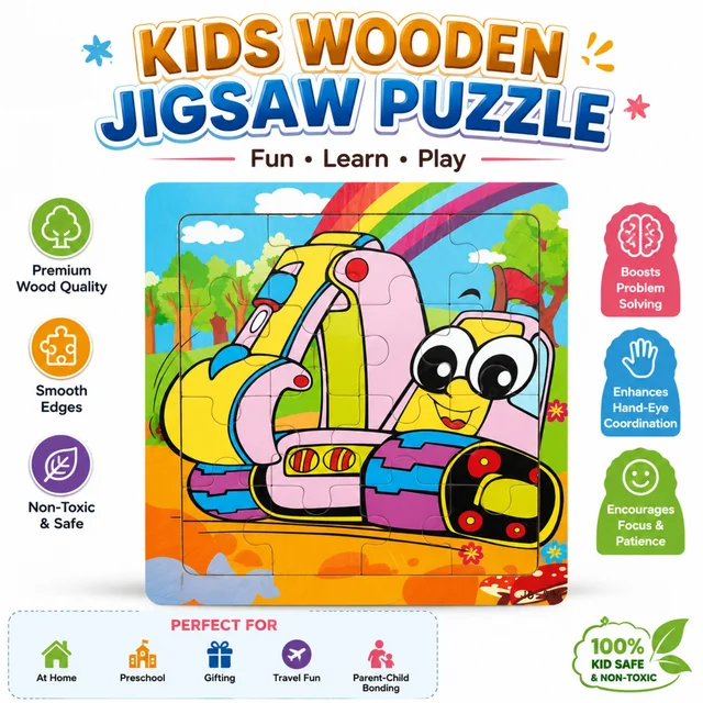 Kids Wooden Jigsaw Puzzle for Fun Learning | Colorful Vehicle Puzzle Board | Enhances Problem Solving, Hand-Eye Coordination, Focus & Patience | Ideal for Home, Preschool, Travel & Gifting