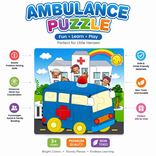 Ambulance Puzzle for Kids 3+ Years | Educational Jigsaw Puzzle Toy for Boys & Girls | Fun Learning Activity for Problem Solving, Hand-Eye Coordination & Family Bonding