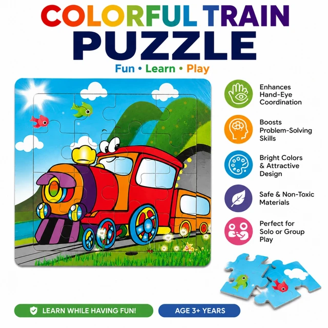Colorful Train Puzzle for Kids – Bright & Engaging Jigsaw Puzzle for Children Age 3+ | Educational Puzzle Toy for Hand-Eye Coordination, Problem Solving & Cognitive Development