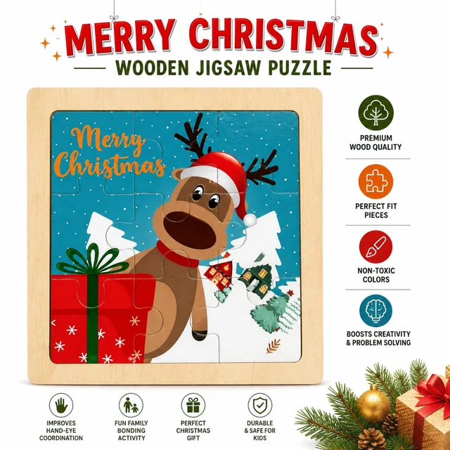 Merry Christmas Wooden Jigsaw Puzzle for Kids – Festive Reindeer Puzzle, Creative Christmas Activity Toy, Family Bonding Game & Christmas Gift for Children