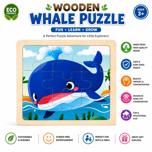 Wooden Whale Puzzle for Kids Age 3+ | Educational Wooden Jigsaw Puzzle for Boys & Girls | Screen-Free Learning Toy for Memory, Concentration & Hand-Eye Coordination