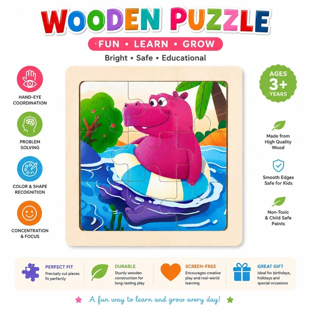 Wooden Puzzle for Kids – Colorful Animal Jigsaw Puzzle for Children 3+ Years | Educational Wooden Puzzle Toy for Hand-Eye Coordination, Problem Solving, Color & Shape Recognition