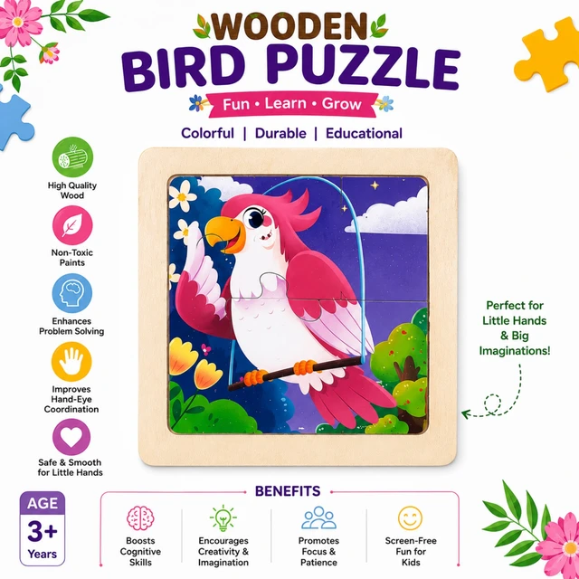 Wooden Bird Puzzle for Kids 3+ Years | Colorful Educational Wooden Jigsaw Puzzle | Improves Problem Solving, Hand-Eye Coordination, Focus & Creativity | Screen-Free Learning Toy