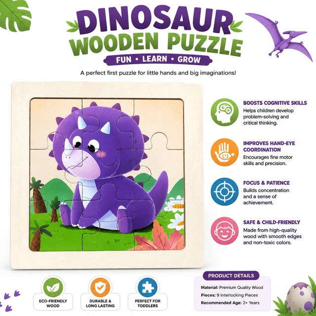 Dinosaur Wooden Puzzle for Kids | 9-Piece Interlocking Wooden Jigsaw Puzzle | Educational Learning Toy for Toddlers | Improves Cognitive Skills, Hand-Eye Coordination, Focus & Problem-Solving | Age 2+ Years