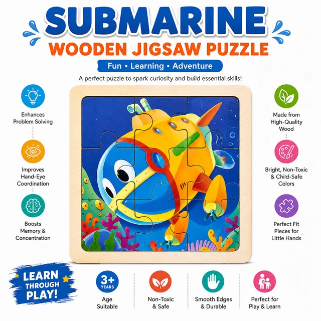 Submarine Wooden Jigsaw Puzzle for Kids – Fun Learning Educational Puzzle with Bright Non-Toxic Colors, Smooth Edges & Easy-to-Hold Pieces, Age 3+