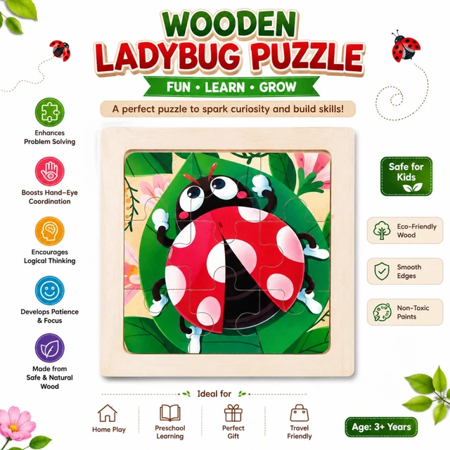 Wooden Ladybug Puzzle for Kids 3+ Years | Colorful Wooden Jigsaw Puzzle for Preschool Learning | Problem Solving, Hand-Eye Coordination, Logical Thinking & Focus Development | Educational Gift Toy