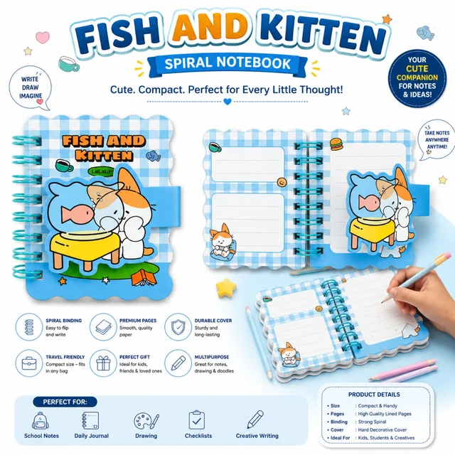 Fish and Kitten Mini Spiral Notebook for Kids (RANDOM COLOURS & DESIGNS), Cute Lined Writing Notebook with Durable Cover, Compact Journal for School Notes, Drawing, Creative Writing, Checklists & Daily Ideas