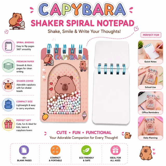 Capybara Shaker Spiral Notepad with Colorful Bead Shaker Cover | Cute Compact Writing Notebook for Kids, Teens, Students, Office & Daily Planning