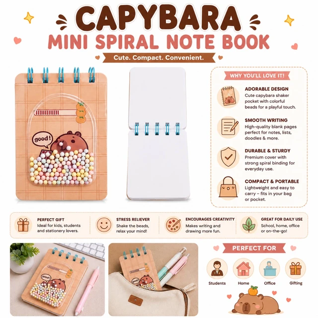 Capybara Mini Spiral Notebook, Cute Pocket Notebook with Shaker Bead Design, Compact Blank Notebook for Kids, Students, Home, Office, Journaling, Notes, Doodles & Gifting
