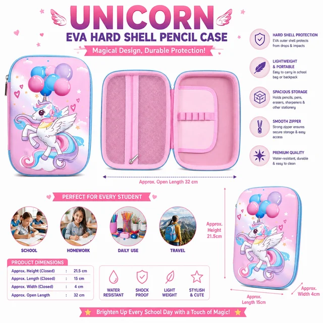 Unicorn EVA Hard Shell Pencil Case for Kids & Students | Cute Unicorn Design, Shock-Resistant & Water-Resistant Stationery Organizer | Spacious Pencil Box with Mesh Pocket & Elastic Holders | Pink