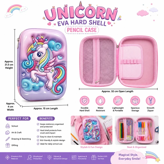 Unicorn EVA Hard Shell Pencil Case for Kids – Spacious & Lightweight School Pencil Box with Smooth Zipper, Organizer Compartments & Durable Protective Shell for School, Drawing, Art & Craft