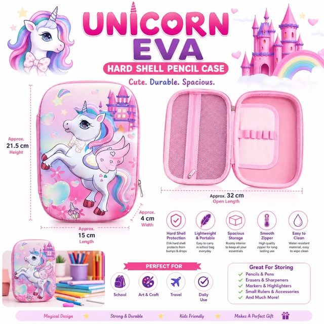 Unicorn EVA Hard Shell Pencil Case for Kids – Cute & Durable Large Pencil Box with Smooth Zipper, Spacious Organizer for Pencils, Pens, Erasers, Markers, Sharpeners & Art Supplies – Pink
