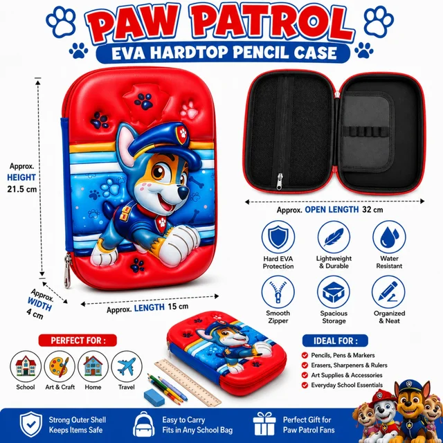 Paw Patrol EVA Hardtop Pencil Case for Kids | Hard Shell Pencil Box with Smooth Zipper | Spacious Organizer for Pencils, Pens, Markers, Erasers & Art Supplies | Lightweight School Stationery Case