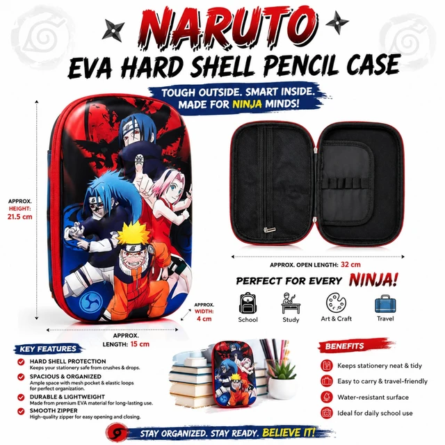 Naruto EVA Hard Shell Pencil Case for Kids – Durable & Lightweight Stationery Organizer with Mesh Pocket and Elastic Loops, Compact School Pencil Box for Study, Art & Craft & Travel