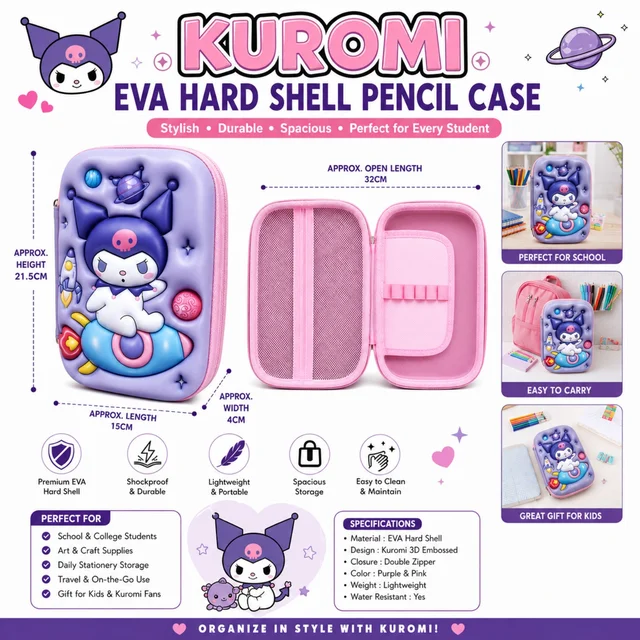 Kuromi EVA Hard Shell Pencil Case for School, College & Stationery Storage | 3D Embossed Design | Spacious & Lightweight Pencil Box for Kids, Students & Kuromi Fans