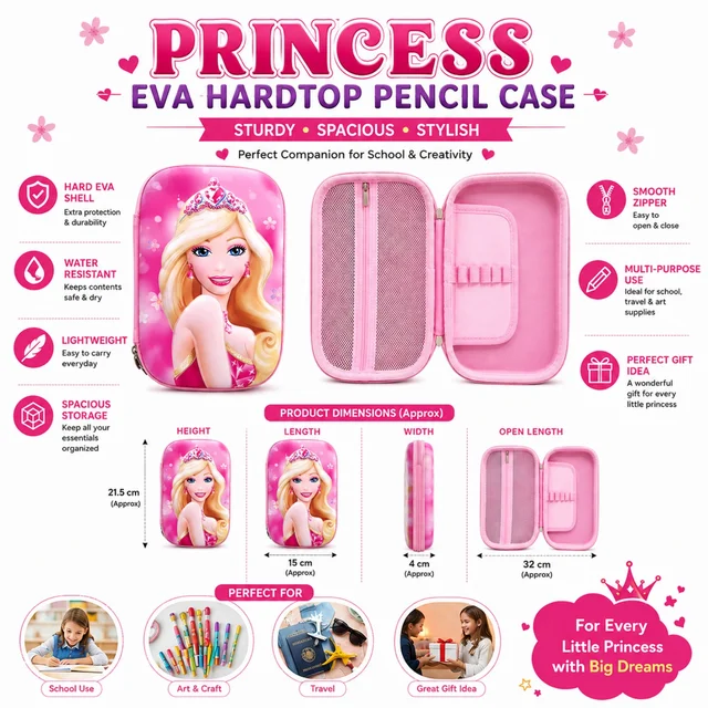 Princess EVA Hardtop Pencil Case for Girls, Spacious Multi-Purpose Pencil Box with Smooth Zipper, Protective Hard Shell Storage Case for School, Art & Craft Supplies – Pink