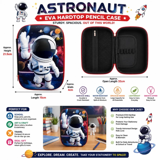 Astronaut EVA Hardtop Pencil Case for Kids | Space Theme School Pencil Box with Spacious Storage, Smooth Zipper & Protective EVA Shell | Stationery Organizer for School, Art & Travel