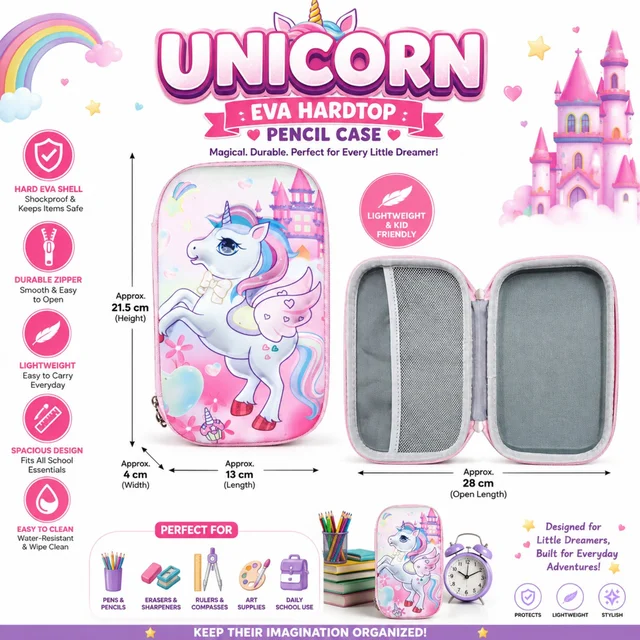 Unicorn EVA Hardtop Pencil Case for Kids, Durable & Lightweight School Stationery Organizer with Spacious Compartment, Easy-Clean Shell, Strong Zipper & Stylish Unicorn Design