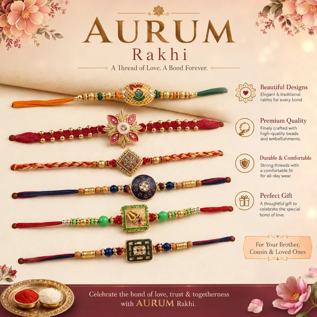 AURUM Rakhi PIECE-1( RANDOM COLOURS & DESIGNS – Premium Designer Rakhi Collection with Elegant Beads, Decorative Motifs & Comfortable Threads for Brother, Cousin & Loved Ones