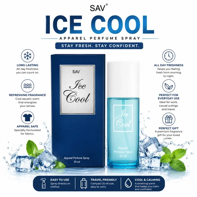 SAV Ice Cool Apparel Perfume Spray 25 ml | Refreshing Cool Aquatic Fragrance for Clothes | Long-Lasting Freshness | Travel-Friendly Apparel Fragrance for Everyday Use