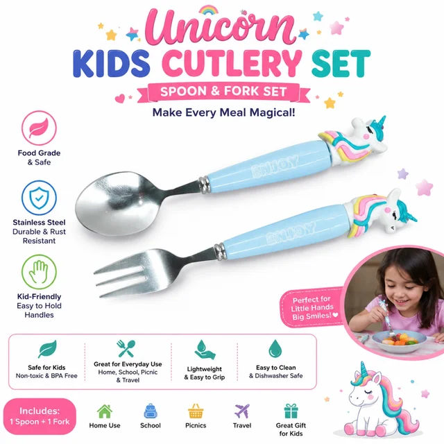 Unicorn Kids Cutlery Set for Children – Spoon & Fork Set with Cute Unicorn, Food-Grade Stainless Steel, Lightweight & Easy-Grip Utensils for Home, School, Picnic & Travel