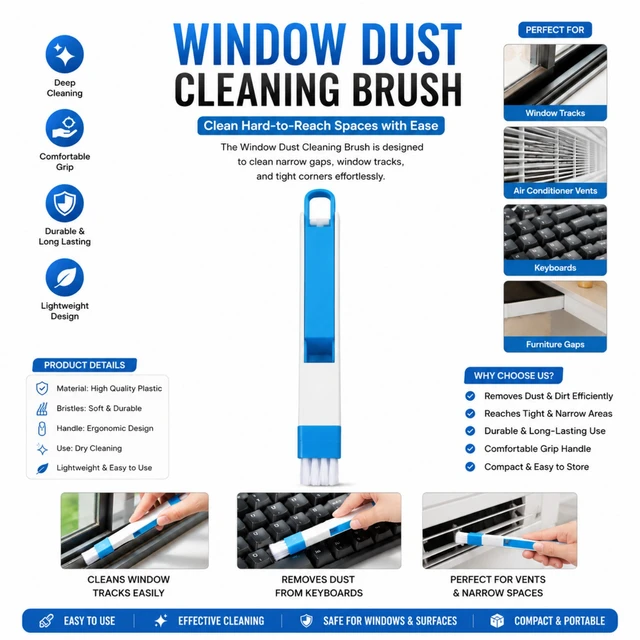 Window Dust Cleaning Brush for Window Tracks, AC Vents, Keyboards & Narrow Gaps | Soft Bristle Deep Cleaning Brush with Ergonomic Grip | Compact Multi-Purpose Dust Removal Brush