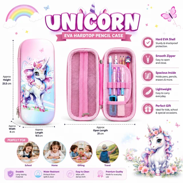 Unicorn EVA Hardtop Pencil Case for Kids, Durable Hard Shell Pencil Box with Multiple Compartments, Smooth Zipper, Pen & Pencil Organizer for School, Home, Travel & Gifting