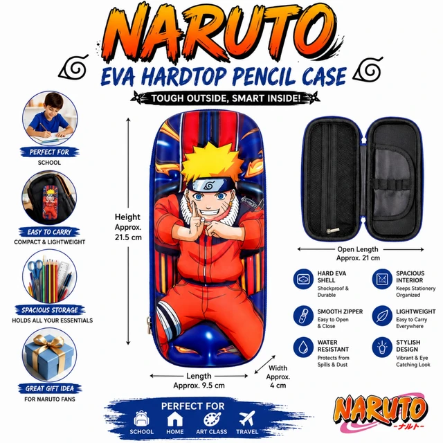 Naruto EVA Hardtop Pencil Case for Kids, Durable & Lightweight Stationery Organizer with Spacious Interior, Smooth Zipper, Compact Pencil Pouch for School, Art Class, Home & Travel