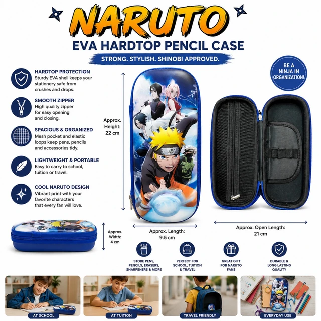 Naruto EVA Hardtop Pencil Case for Kids | Durable Hard Shell Pencil Box with Smooth Zipper, Mesh Pocket & Elastic Pen Loops | Spacious Stationery Organizer for School, Tuition & Travel
