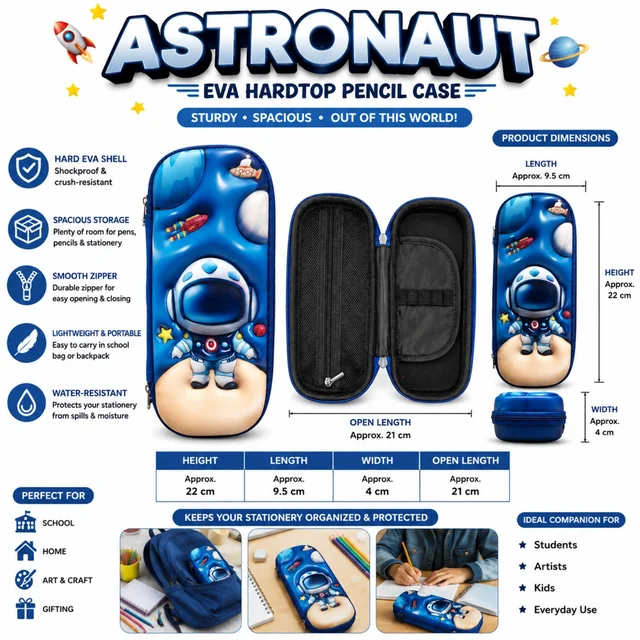 Astronaut EVA Hardtop Pencil Case for Kids & Students | Spacious Shockproof Pencil Box with Smooth Zipper, Multiple Compartments & Durable Stationery Organizer | Lightweight Portable Pencil Pouch for School, Art & Craft