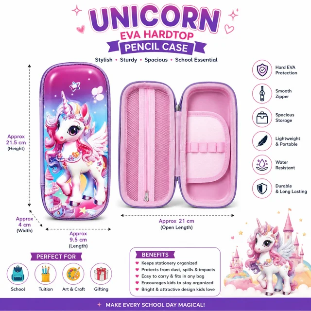 Unicorn EVA Hardtop Pencil Case for Girls & Kids, Spacious Multi-Compartment Stationery Organizer with Smooth Zipper, Lightweight & Durable Pencil Box for School, Tuition, Art & Craft