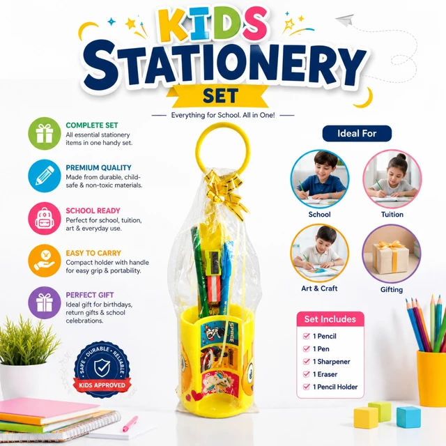Kids Stationery Set with Pencil, Pen, Sharpener, Eraser & Pencil Holder | Complete School Supplies Kit for Kids | Ideal for School, Tuition, Art & Craft & Gifting