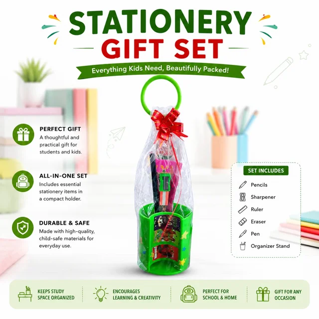 Kids Stationery Gift Set with Pencil, Pen, Sharpener, Eraser, Ruler & Organizer Stand | All-in-One School & Study Essentials Gift Set