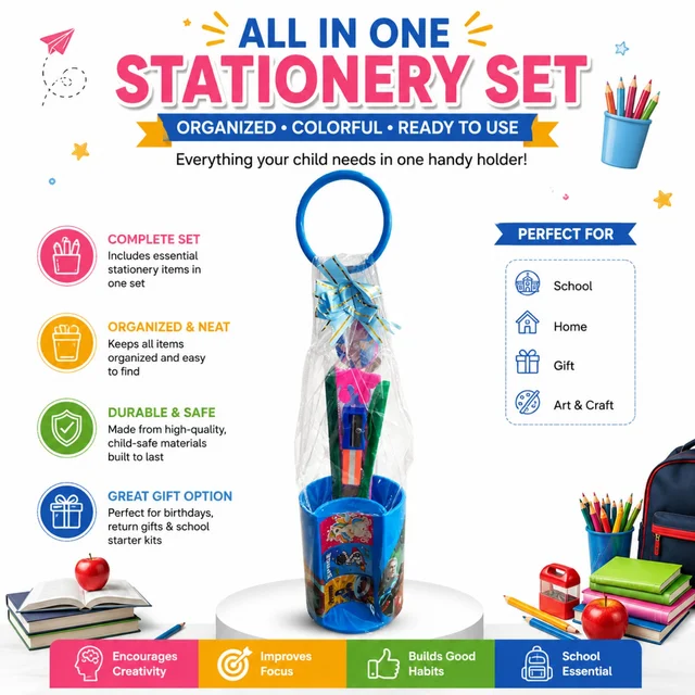 All-in-One Stationery Set for Kids | Colorful Complete School & Art Supplies Set with Handy Holder | Organized, Portable Stationery Kit for School, Home, Art & Craft | Ideal Gift for Children