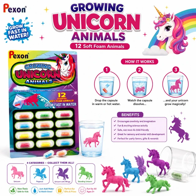 Pexon Growing Unicorn Animals, 12 Soft Foam Animal Capsules, Just Add Water Growing Toy Set with Assorted Unicorn, Pegasus & Winged Unicorn Designs, Fun Discovery Activity for Kids Ages 3+