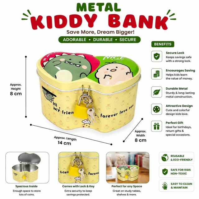 Metal Kiddy Bank for Kids with Secure Lock & Key, Cute & Colorful Design, Durable Metal Money Saving Box for Children, Coin Storage Piggy Bank, Educational Savings Gift