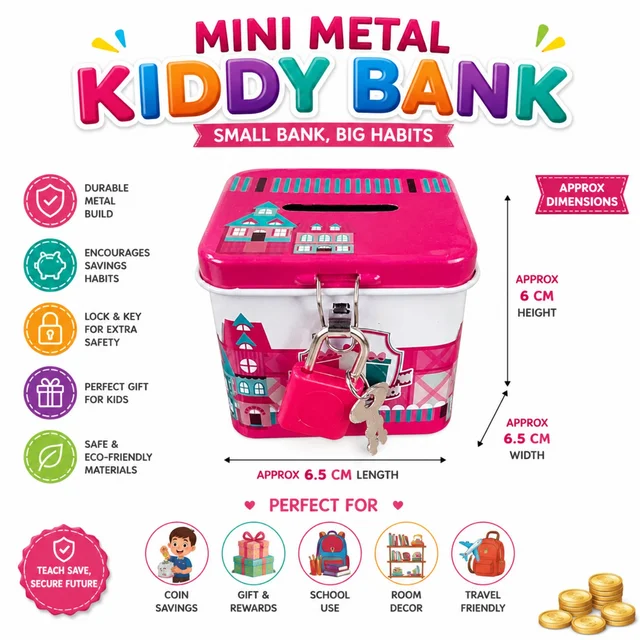 Mini Metal Kiddy Bank for Kids | Durable Metal Coin Savings Box with Lock & Key | Compact Piggy Bank for Children | Fun Money Saving Bank for Home, School & Gifting
