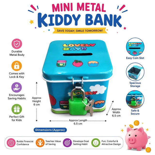 Mini Metal Kiddy Bank for Kids, Durable Metal Piggy Bank with Lock & Key, Easy Coin Slot & Spacious Storage, Colorful Savings Box for Boys & Girls, Educational Money Saving Gift