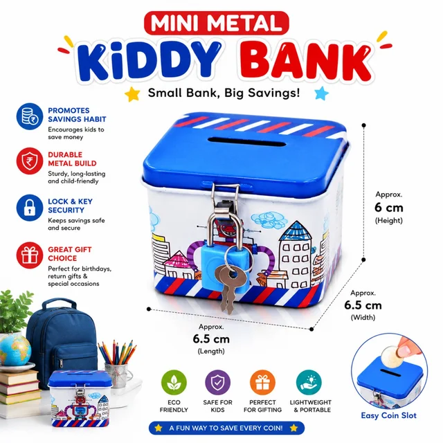 Mini Metal Kiddy Bank for Kids | Durable Metal Money Saving Box with Lock & Key | Easy Coin Slot | Kids Savings Bank for Boys & Girls | Cute Gift for Birthdays & Special Occasions Product Descript
