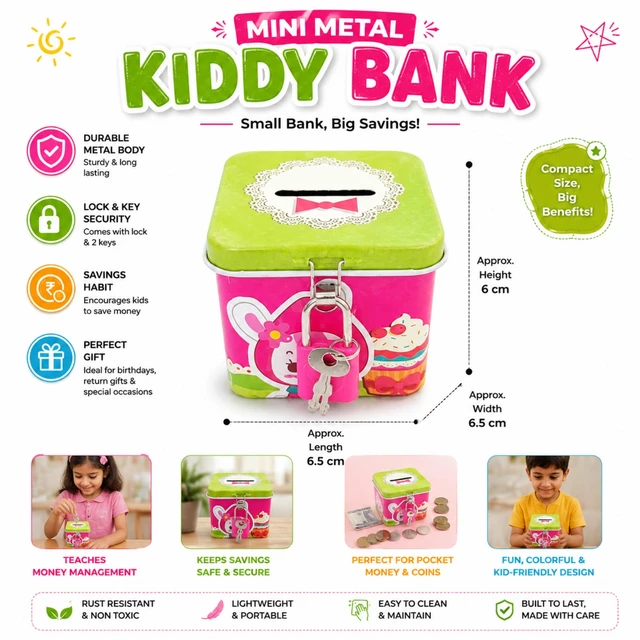 Mini Metal Kiddy Bank for Kids – Compact Lock & Key Money Saving Box with 2 Keys, Durable Metal Body, Cute Colorful Design, Pocket Money & Coin Storage