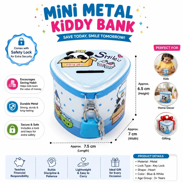 Mini Metal Kiddy Bank for Kids with Safety Key Lock | Durable Metal Piggy Bank for Boys & Girls | Money Saving Box & Coin Bank | Financial Learning Toy & Gift | Blue & White