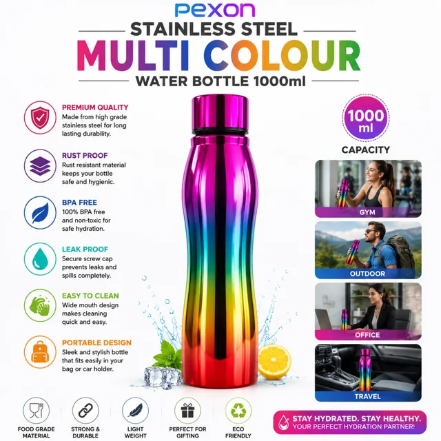 Pexon Stainless Steel Multi Colour Water Bottle 1000ml | Stylish, Durable, BPA-Free, Leak-Proof & Portable Water Bottle for Gym, Office, Travel & Outdoor Use