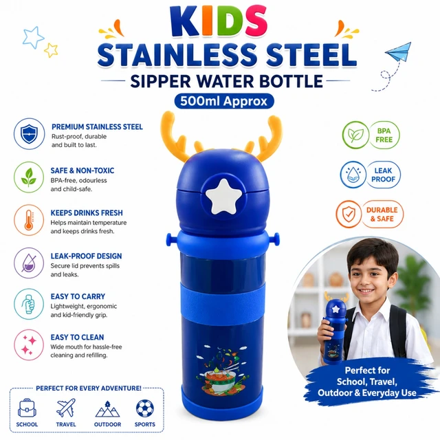 Kids Stainless Steel Sipper Water Bottle 500ml ( RANDOM COLOURS ) – Durable, BPA-Free, Leak-Proof Bottle for School, Travel, Sports & Outdoor Use