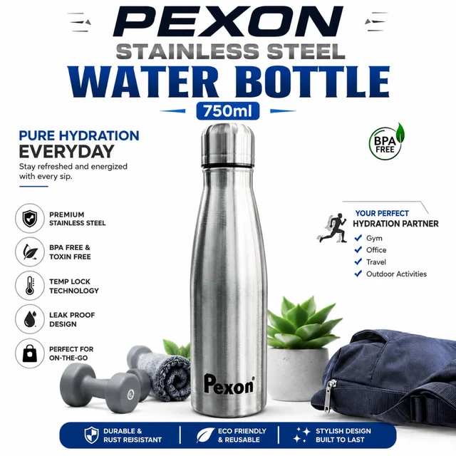 Pexon Stainless Steel Water Bottle 750ml | Durable & Rust Resistant Water Bottle | BPA-Free & Toxin-Free | Leak-Proof Design | Reusable Bottle for Gym, Office, Travel & Outdoor Use