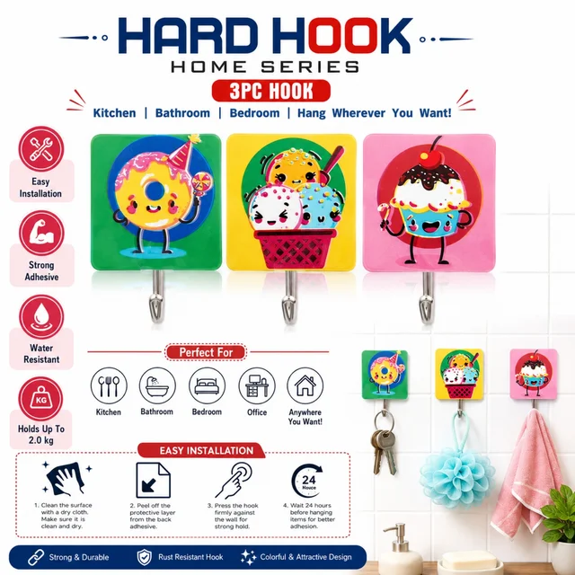 Hard Hook Home Series 3PC Adhesive Wall Hooks for Kitchen, Bathroom, Bedroom & Office | Strong Adhesive Hooks | Water Resistant & Rust Resistant | Holds Up to 2 kg | Easy Installation | Colorful Design