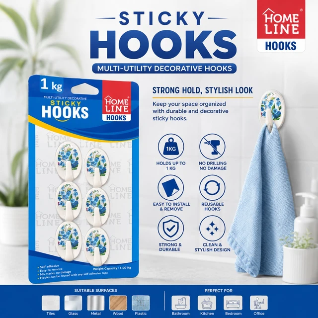 Home Line Sticky Hooks Multi-Utility Decorative Self-Adhesive Hooks for Bathroom, Kitchen, Bedroom & Office – Reusable Wall Hooks, No Drilling, Holds Up to 1 KG
